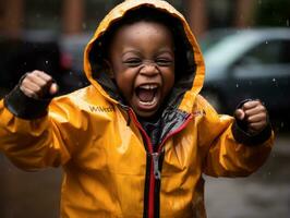Carefree child joyfully dances in the refreshing rain AI Generative photo