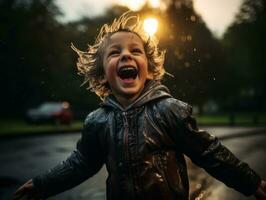 Carefree child joyfully dances in the refreshing rain AI Generative photo