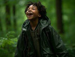 Carefree child joyfully dances in the refreshing rain AI Generative photo