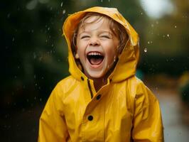 Carefree child joyfully dances in the refreshing rain AI Generative photo