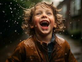 Carefree child joyfully dances in the refreshing rain AI Generative photo