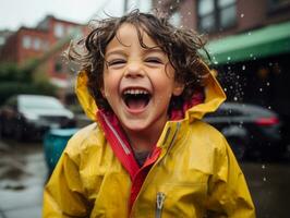 Carefree child joyfully dances in the refreshing rain AI Generative photo