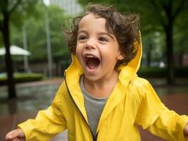 Carefree child joyfully dances in the refreshing rain AI Generative photo
