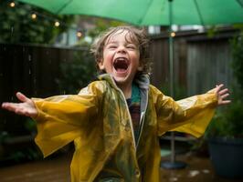 Carefree child joyfully dances in the refreshing rain AI Generative photo