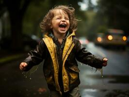Carefree child joyfully dances in the refreshing rain AI Generative photo