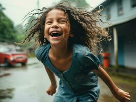 Carefree child joyfully dances in the refreshing rain AI Generative photo