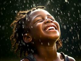 Carefree child joyfully dances in the refreshing rain AI Generative photo