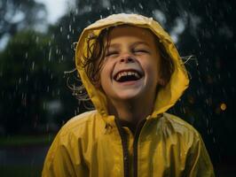 Carefree child joyfully dances in the refreshing rain AI Generative photo