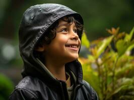 Carefree child joyfully dances in the refreshing rain AI Generative photo