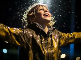 Carefree child joyfully dances in the refreshing rain AI Generative photo