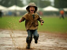 Carefree child joyfully dances in the refreshing rain AI Generative photo