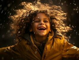 despreocupado niño alegremente bailes en el refrescante lluvia ai generativo foto