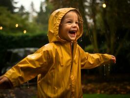 Carefree child joyfully dances in the refreshing rain AI Generative photo