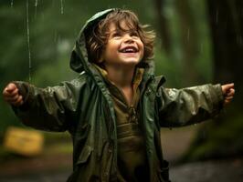 despreocupado niño alegremente bailes en el refrescante lluvia ai generativo foto