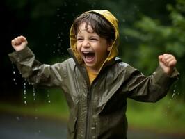Carefree child joyfully dances in the refreshing rain AI Generative photo