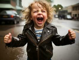 Carefree child joyfully dances in the refreshing rain AI Generative photo