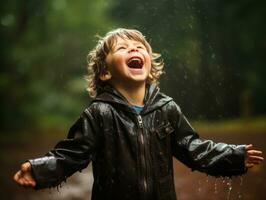 Carefree child joyfully dances in the refreshing rain AI Generative photo