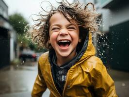 Carefree child joyfully dances in the refreshing rain AI Generative photo