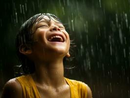 Carefree child joyfully dances in the refreshing rain AI Generative photo