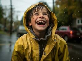 Carefree child joyfully dances in the refreshing rain AI Generative photo