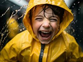 Carefree child joyfully dances in the refreshing rain AI Generative photo