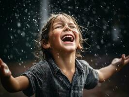 Carefree child joyfully dances in the refreshing rain AI Generative photo