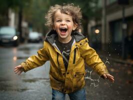 Carefree child joyfully dances in the refreshing rain AI Generative photo