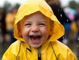 Carefree child joyfully dances in the refreshing rain AI Generative photo