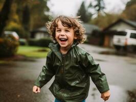 Carefree child joyfully dances in the refreshing rain AI Generative photo