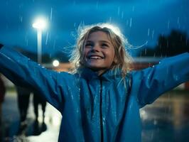 Carefree child joyfully dances in the refreshing rain AI Generative photo