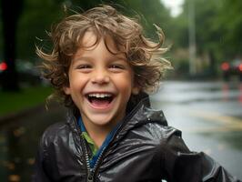 despreocupado niño alegremente bailes en el refrescante lluvia ai generativo foto