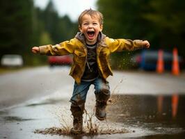 despreocupado niño alegremente bailes en el refrescante lluvia ai generativo foto