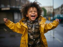 Carefree child joyfully dances in the refreshing rain AI Generative photo