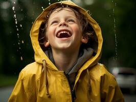 Carefree child joyfully dances in the refreshing rain AI Generative photo