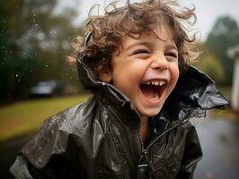 Carefree child joyfully dances in the refreshing rain AI Generative photo