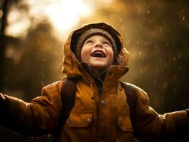 Carefree child joyfully dances in the refreshing rain AI Generative photo