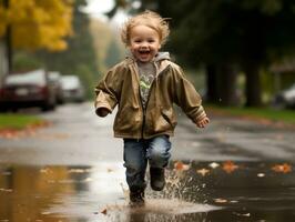 despreocupado niño alegremente bailes en el refrescante lluvia ai generativo foto