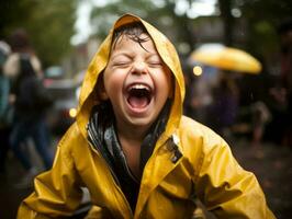 Carefree child joyfully dances in the refreshing rain AI Generative photo