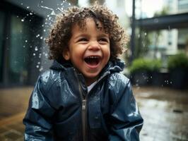Carefree child joyfully dances in the refreshing rain AI Generative photo