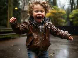 Carefree child joyfully dances in the refreshing rain AI Generative photo