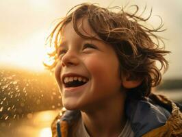 Carefree child joyfully dances in the refreshing rain AI Generative photo