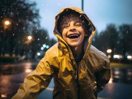 Carefree child joyfully dances in the refreshing rain AI Generative photo