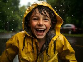 Carefree child joyfully dances in the refreshing rain AI Generative photo