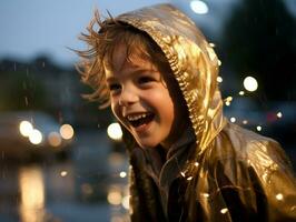 Carefree child joyfully dances in the refreshing rain AI Generative photo