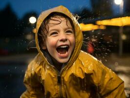 Carefree child joyfully dances in the refreshing rain AI Generative photo