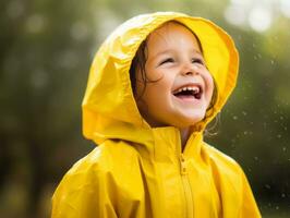Carefree child joyfully dances in the refreshing rain AI Generative photo