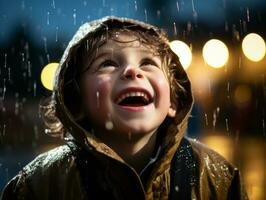 Carefree child joyfully dances in the refreshing rain AI Generative photo