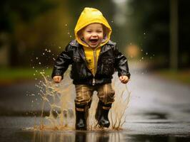 Carefree child joyfully dances in the refreshing rain AI Generative photo