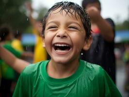 Carefree child joyfully dances in the refreshing rain AI Generative photo