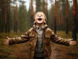 Carefree child joyfully dances in the refreshing rain AI Generative photo
